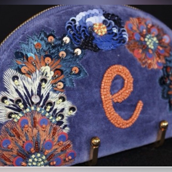 Anthropologie Handbags - Embroidered Blue Anthropologie Velvet Clutch